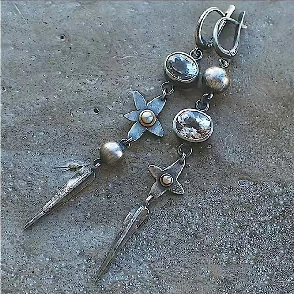 Antique Silver Flower Star Zircon Geometric Dangle Handmade Unique Earrings